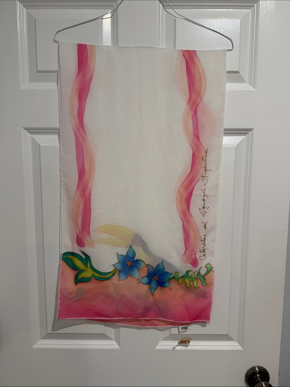 Handcrafted Floral Silk Scarf in Pink, Blue and Cream